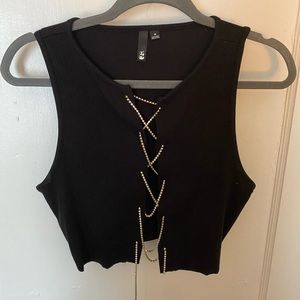 Criss cross top with crystal string